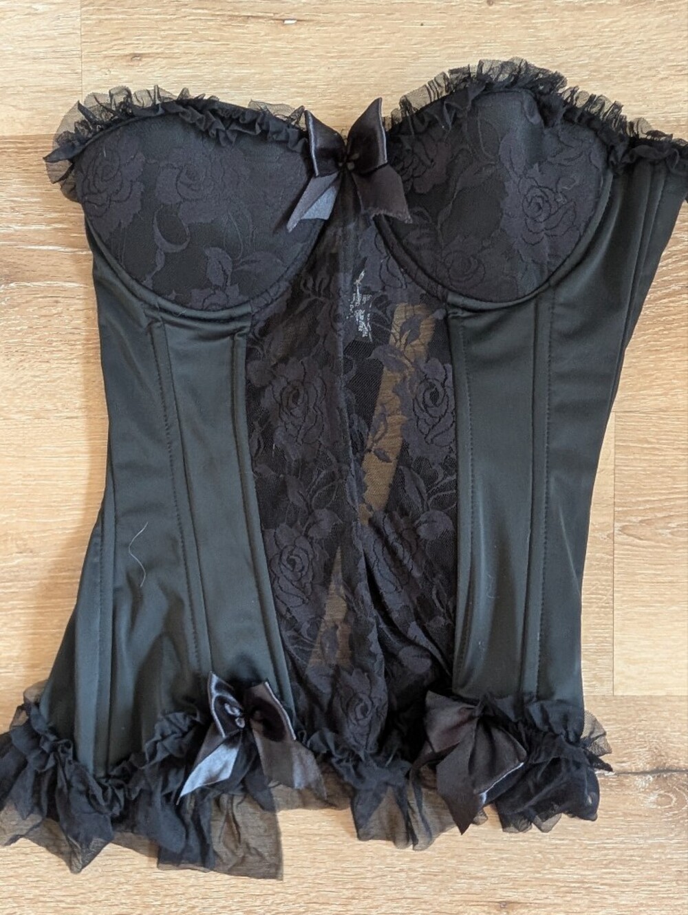 Black Lace Trim Chemise with Satin Panels - Women's Slip